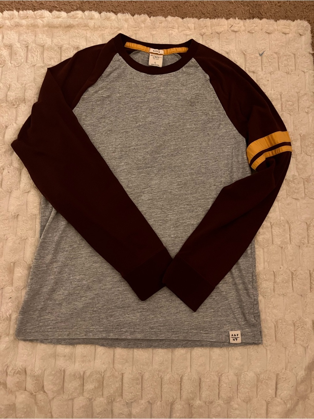 Men’s Raglan Long-Sleeve muscle shirt in Gray and Maroon with Gold Accent.
